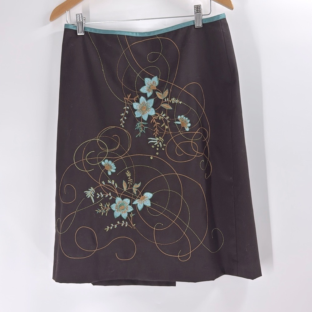 Ann Taylor Loft wool silk trim blend embroidered brown blue skirt elegant career